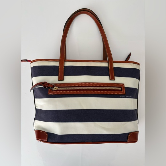 Dooney & Bourke Blue White Striped Tote Bag Leather Trim Classic - Picture 5 of 10